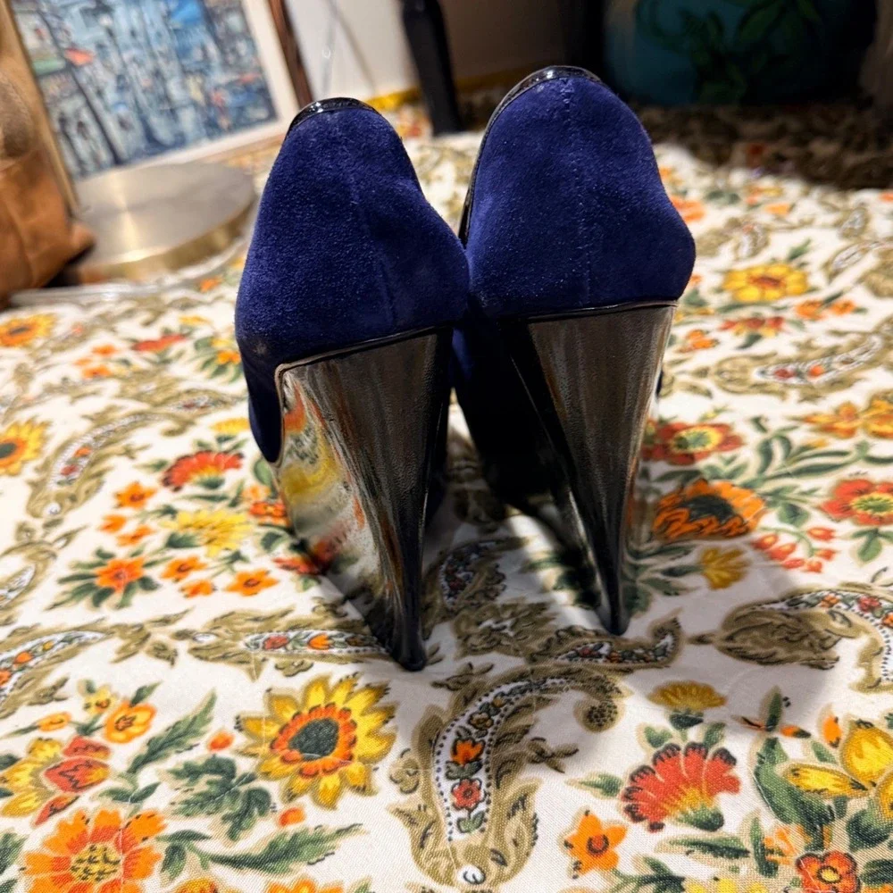Alice + Olivia Navy Suede Loafer Wedge Platform Heels Pointed Toe 39.5 Brazil